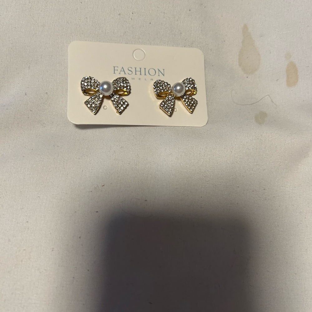 Gold and Silver Bow Earrings with Pearl Accent